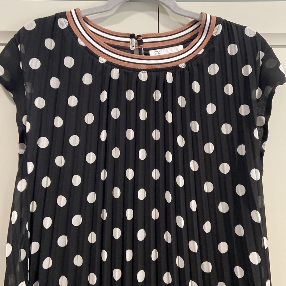 Dr2 Dresses Dr2 Women's Polka Dot Pleated Cap Sleeve Dress Black/White Large